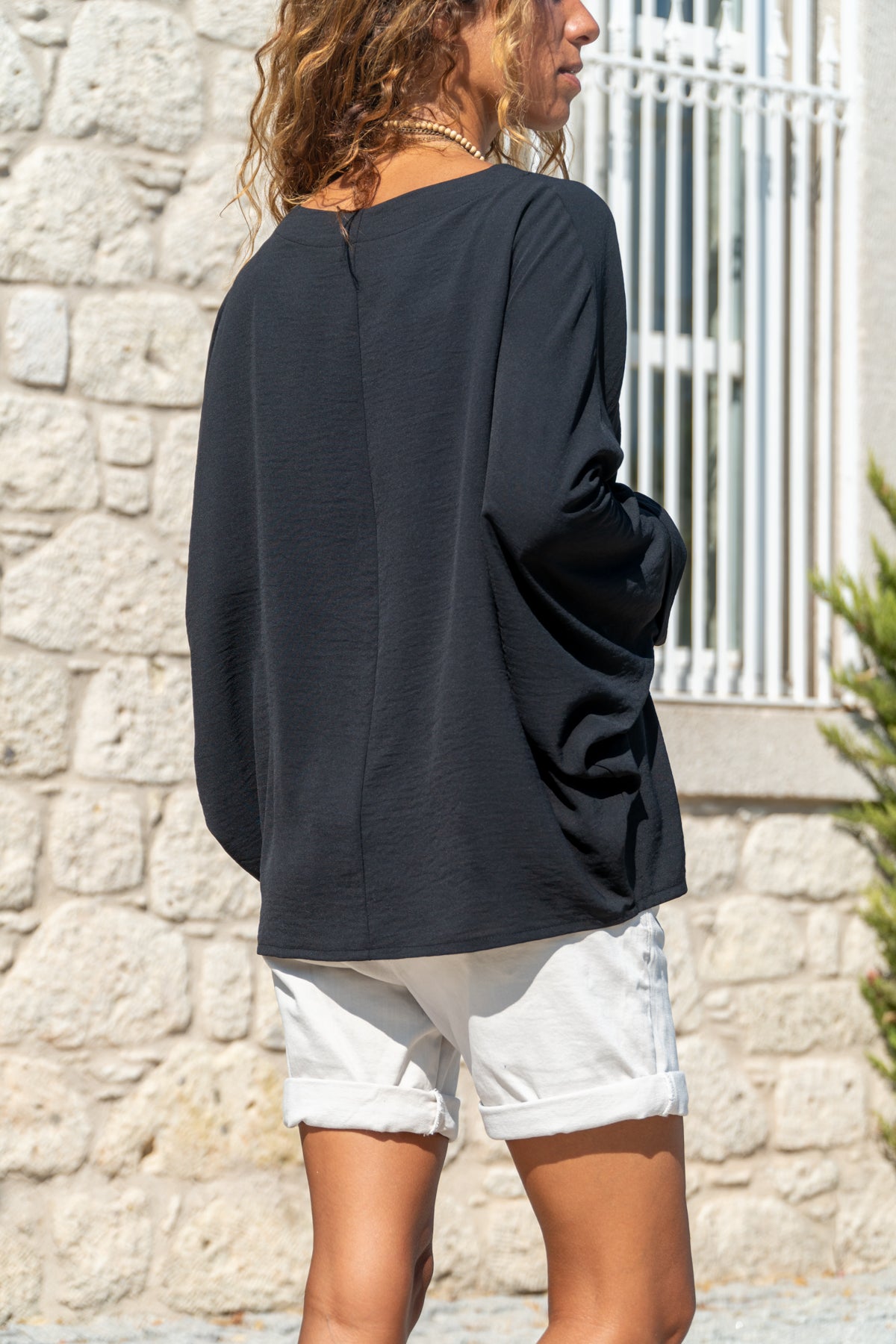 Textured Black Women's Blouse - Wide Round Neck, Long Wide Sleeves & Loose Fit for Chic Comfort (Polyester, Cotton Fabric)