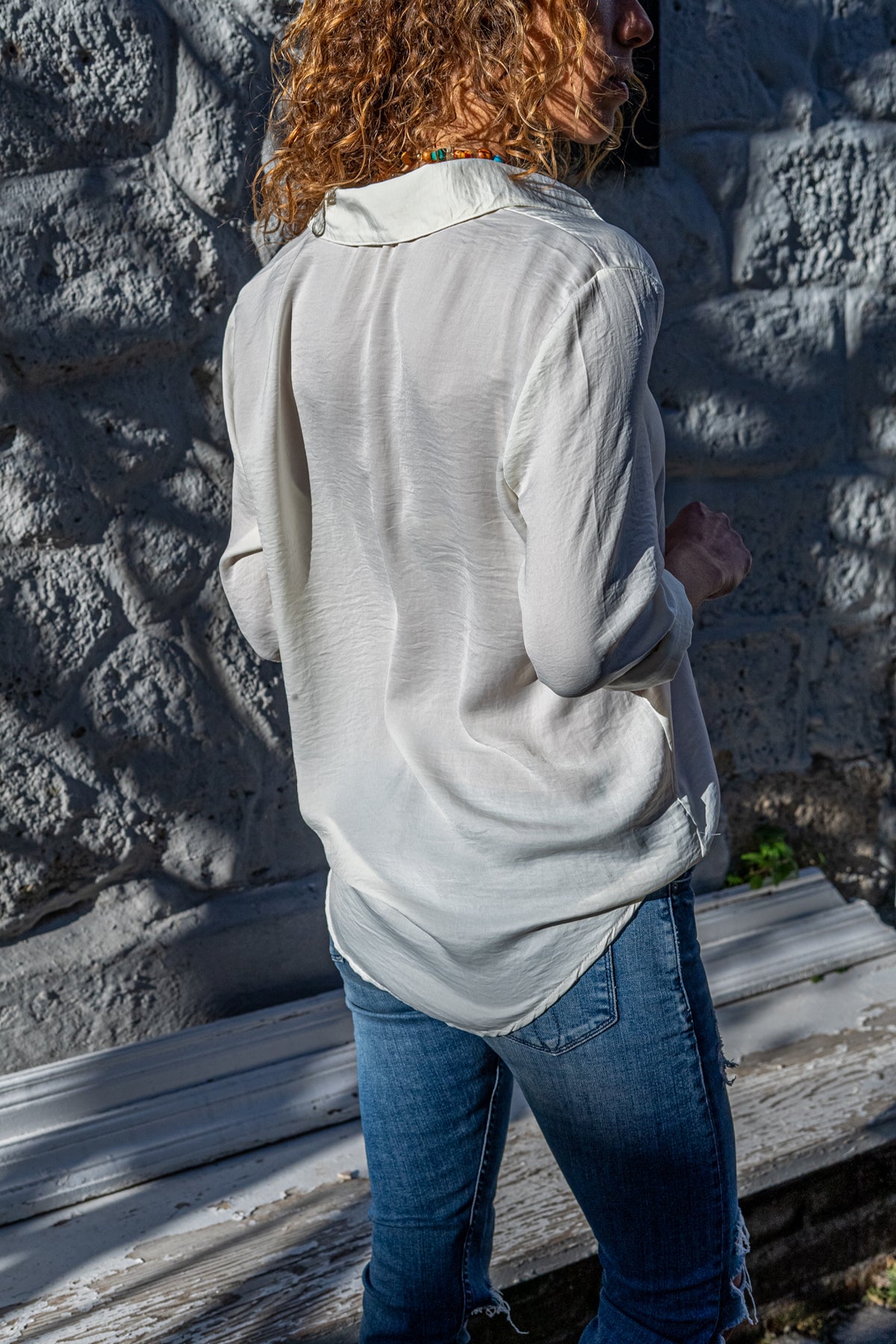 Ecru Color Classic Shirt Collar Long Sleeves Special Textured Fabric, Hidden Buttons, and Loose Fit Detail Women's Shirt