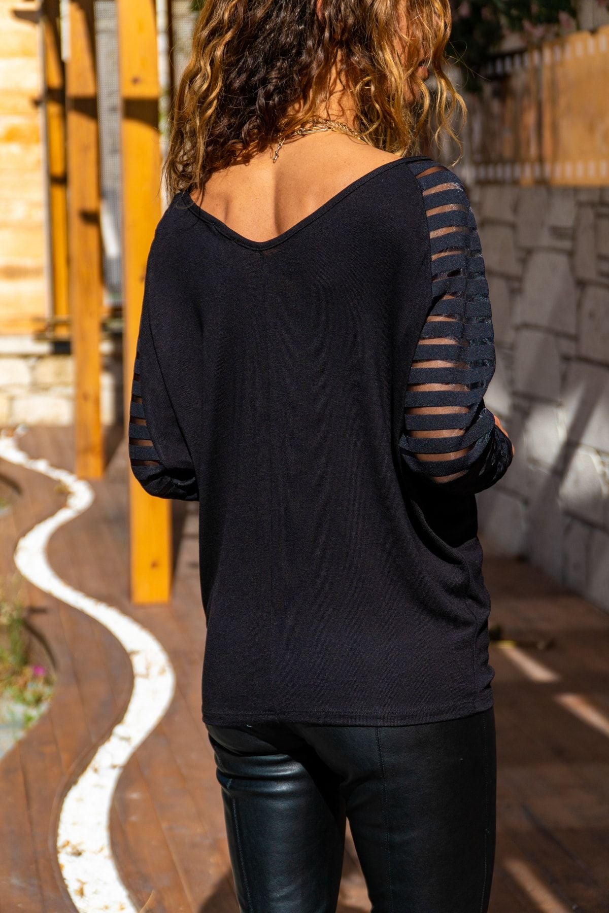 Black Women's Blouse - Sexy V-Neck, Long Sleeves with Mesh and Ribbon Special Design Detail for Chic and Modern Look
