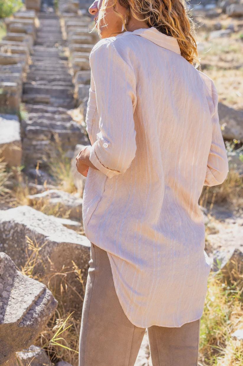 Beige Striped Shirt: Classic Collar, Pocket Detail - Long Sleeve Cotton Blend