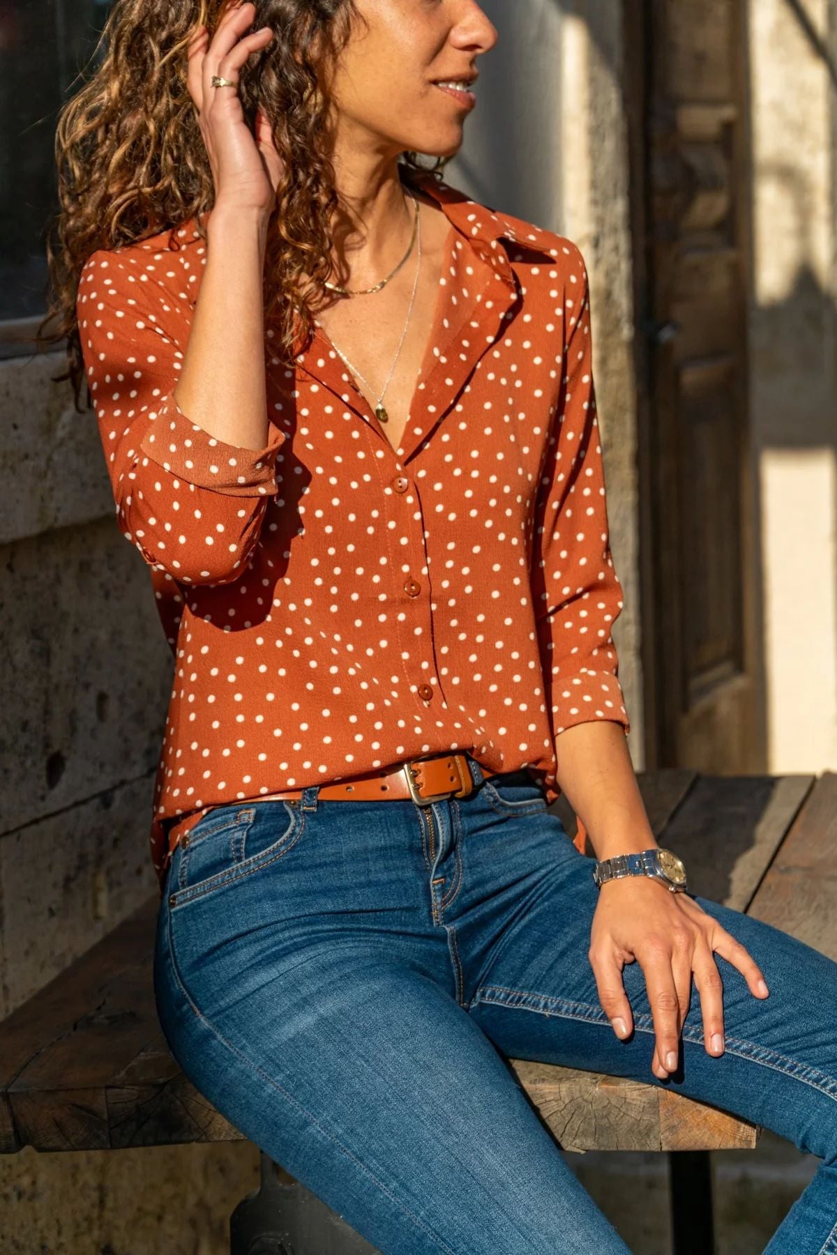 Coffee White Pinstriped Women's Blouse, New Season Chic Pinstriped Coffee Blouse, Affordable Classic Coffee Blouse, Daily Fashion Coffee Pinstriped Blouse, Comfortable 100% Polyester Coffee Women's Blouse.