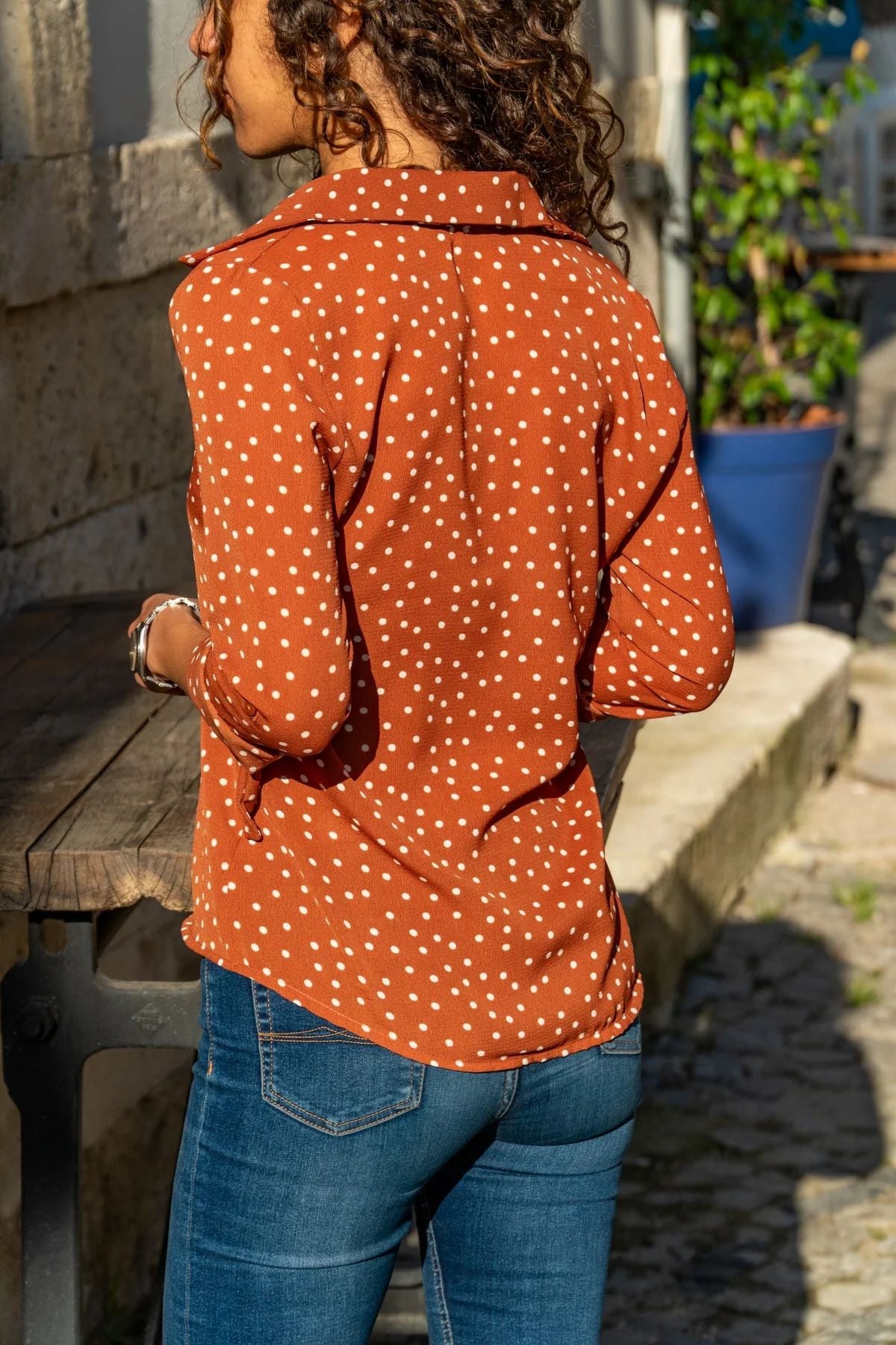 Classic Women's Shirt with Brown and White Polka Dot Design, Long Sleeve, Shirt Collar, made of 100% Polyester Fabric