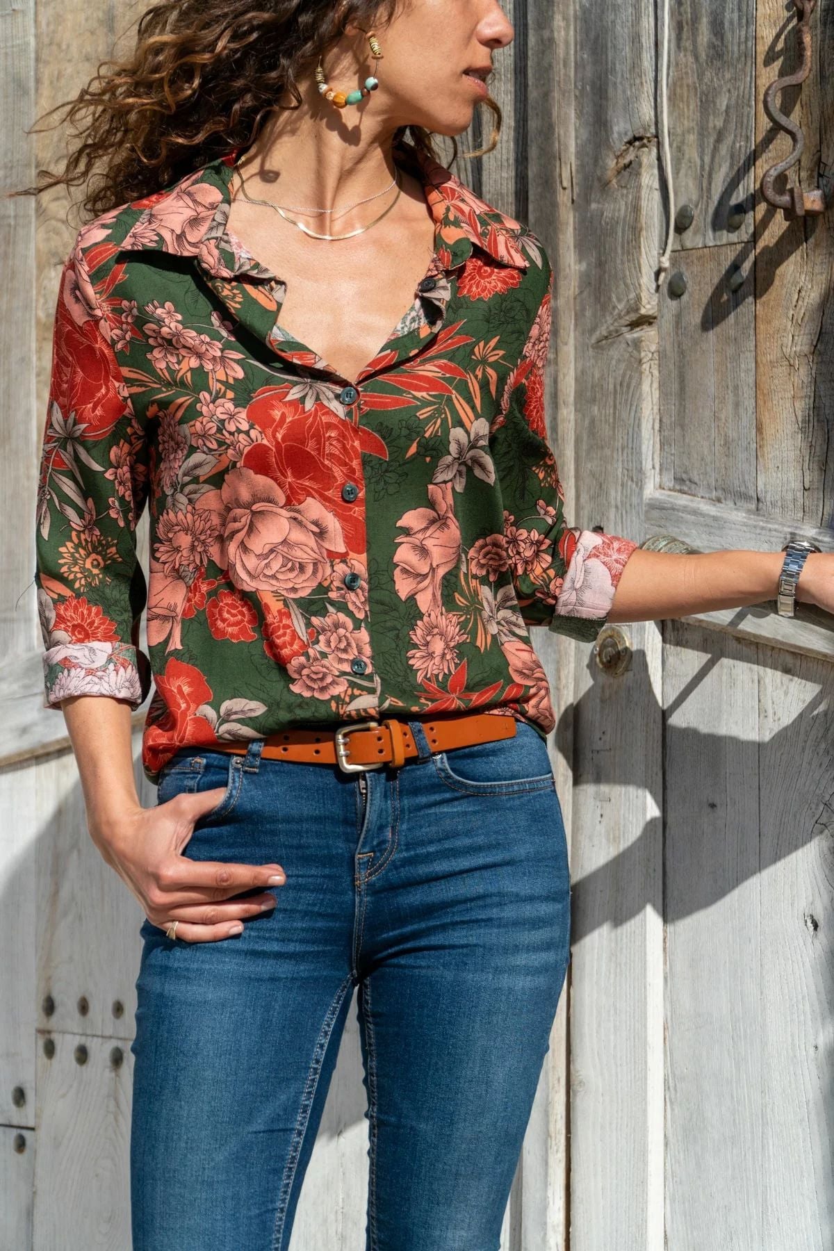 Women's Shirt Fashion, New Season Affordable Price, Khaki Brown Flower Design, Classic Collar Long Sleeve, Made in Turkey Polyester.
