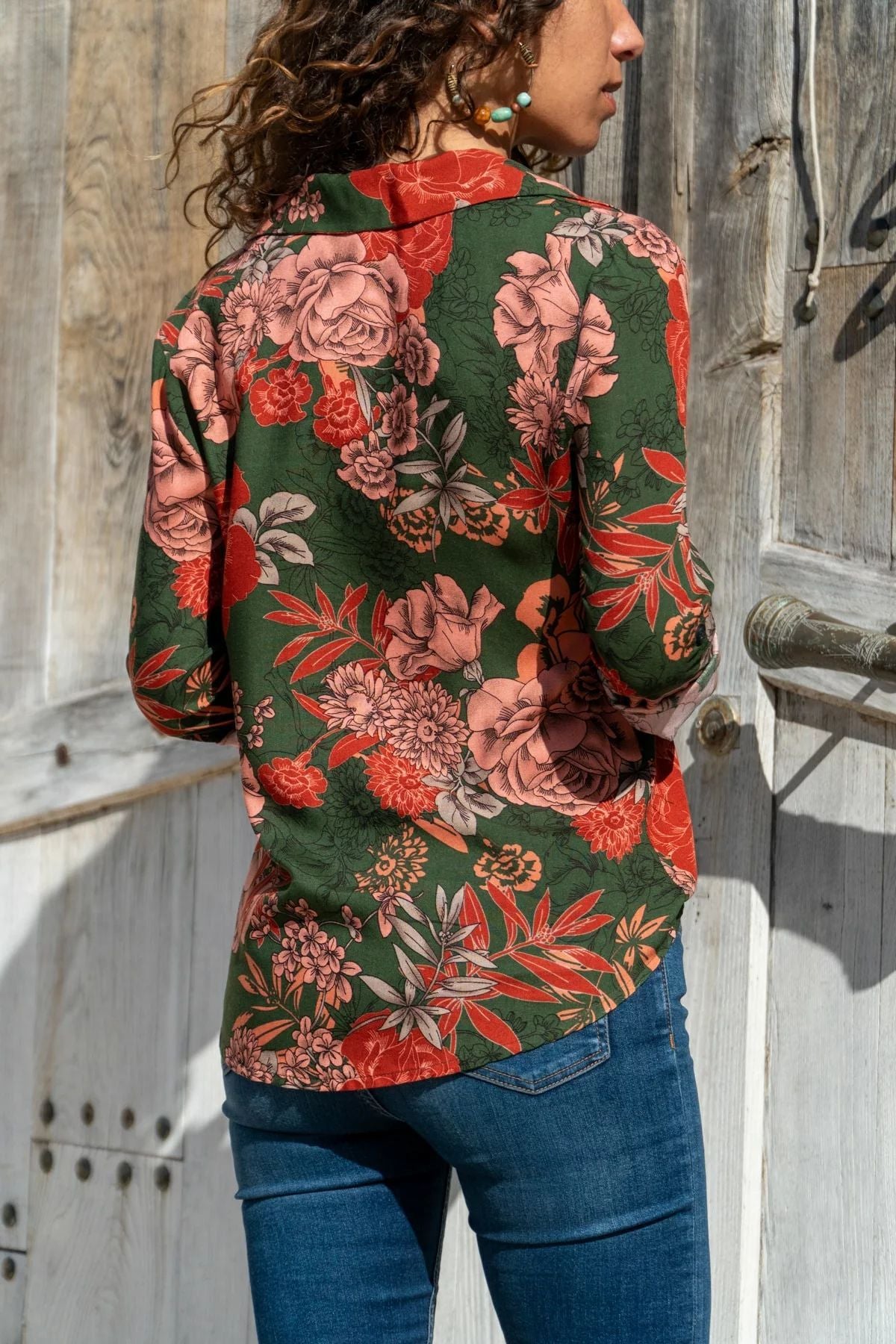 Coffee-Toned Khaki Floral Women's Shirt - Classic Collar, Long Sleeve, 100% Polyester Design