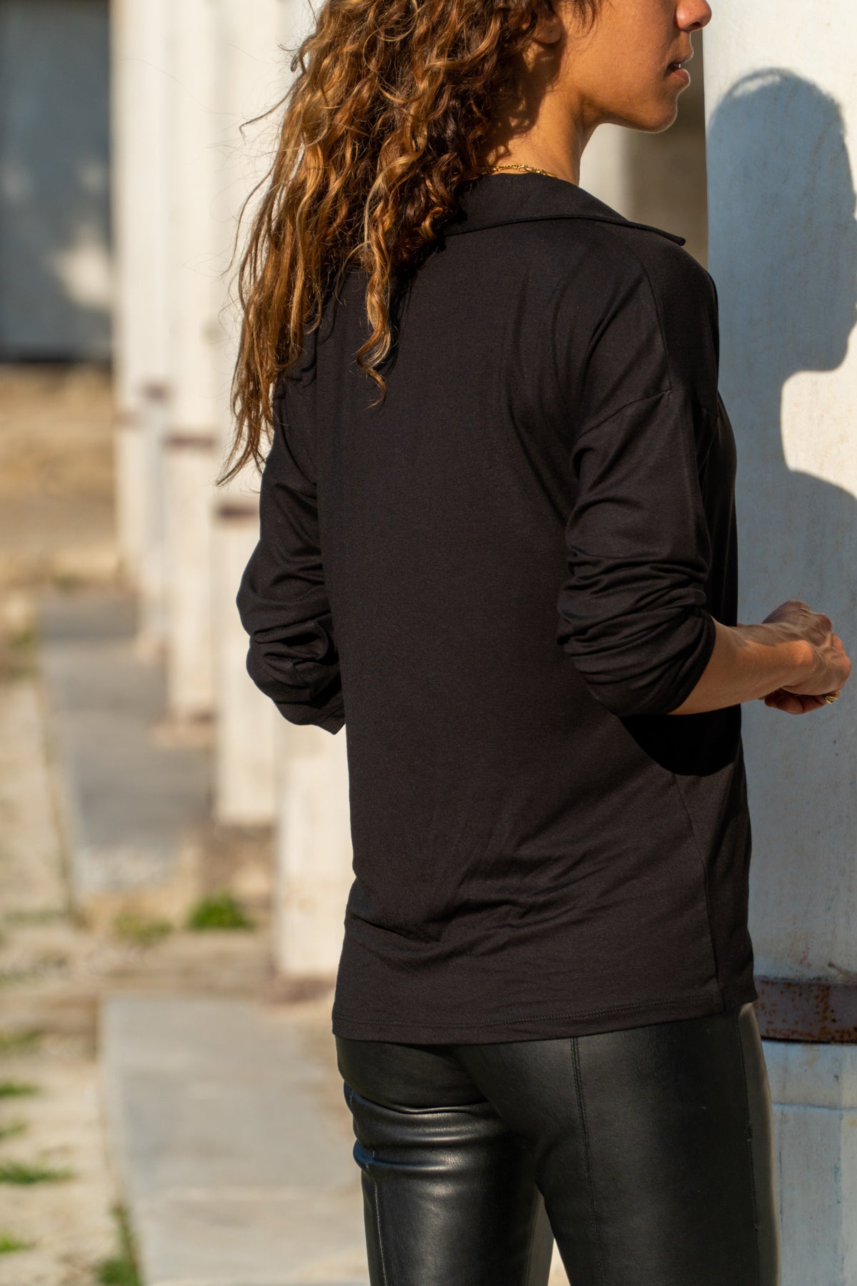 Black Polo Collar Long Sleeve Women's Blouse - Sporty Style, Plain Design, 95% Polyester 5% Elastane