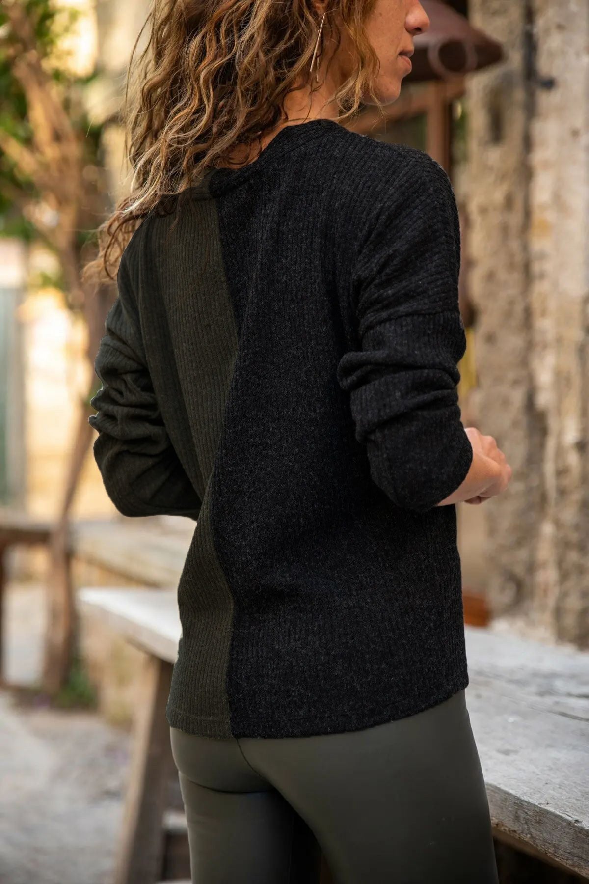 Anthracite & Khaki Women's Blouse, V-neck, Long Sleeve, Two-Tone Design, Textured Detail, Cotton, Acrylic, Stylish & Comfy