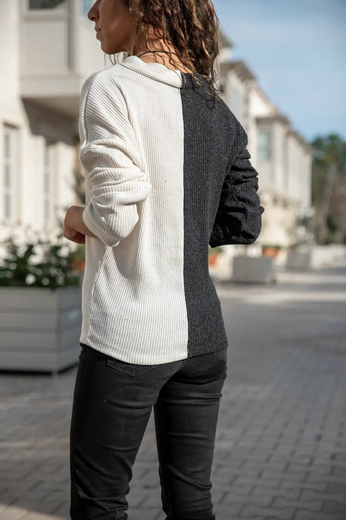 Elegant & Chic Anthracite & Ecru Women's Blouse - Textured Detail Long Sleeve & V-neck - 50% Cotton 50% Acrylic Fabric
