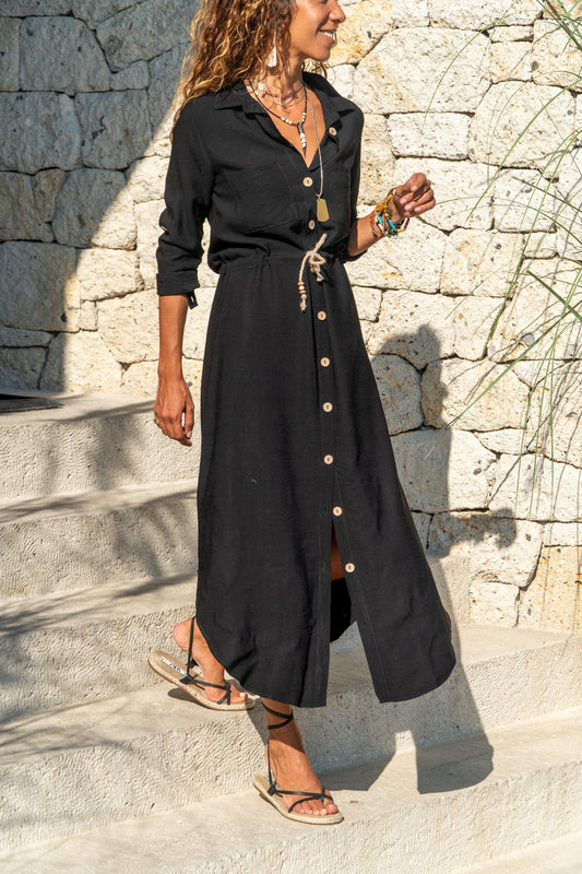 Bohemian style women's dress, New season black dress, Classic shirt collar design, Comfortable and stylish daily wear, Affordable dress made of 60% cotton and 40% polyester fabric.