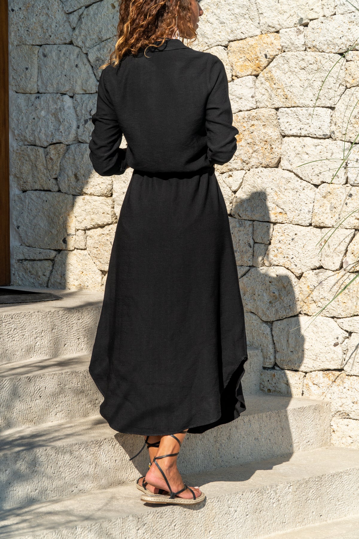 Black Boho Women's Dress, Straight Design, Long Sleeve, Dual Pocket, Long Length, 60% Cotton 40% Polyester,