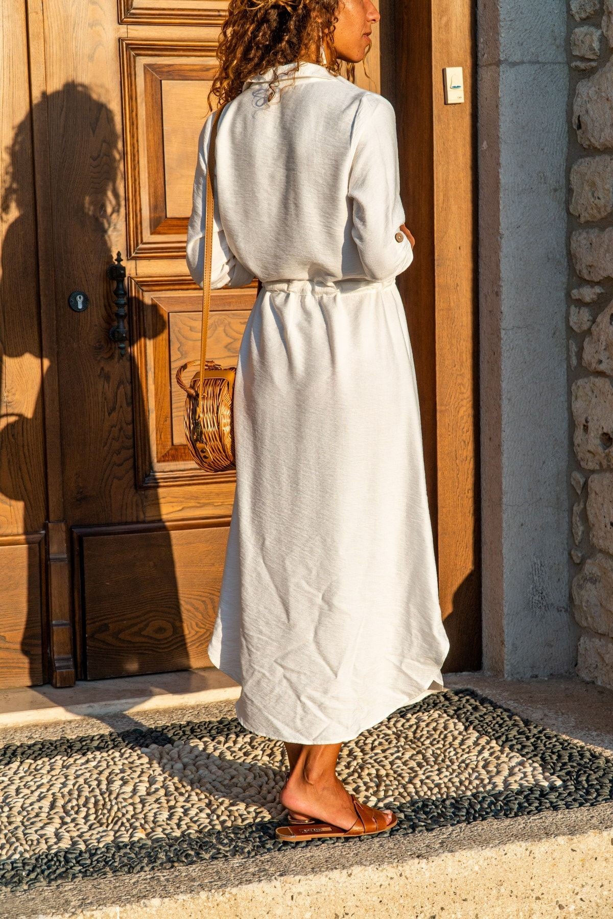 Black Women's Dress, Classic Collar, Long Sleeve, Boho Style, Dual Pocket, Long Length, 60% Cotton 40% Polyester
