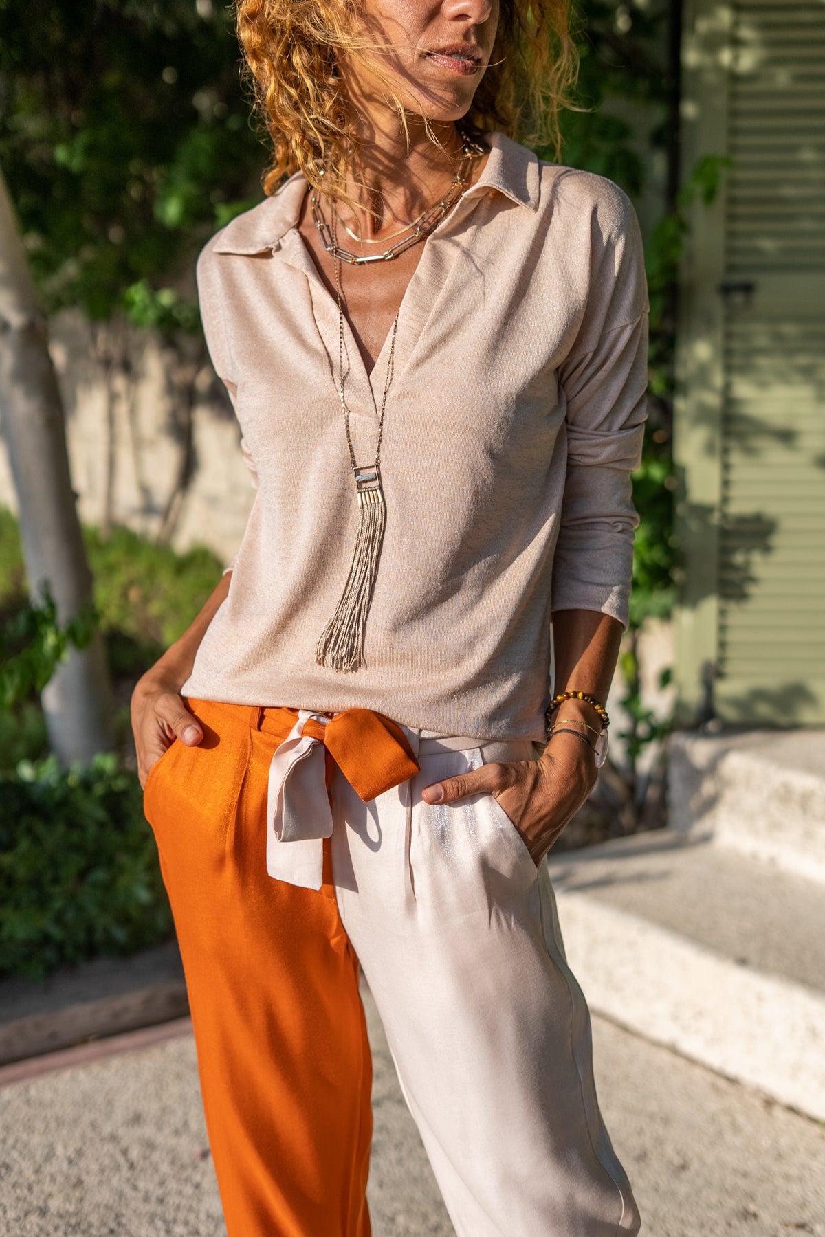 Beige women's blouse, polo collar blouse, long-sleeved blouse, textured detail blouse, affordable women's blouse.