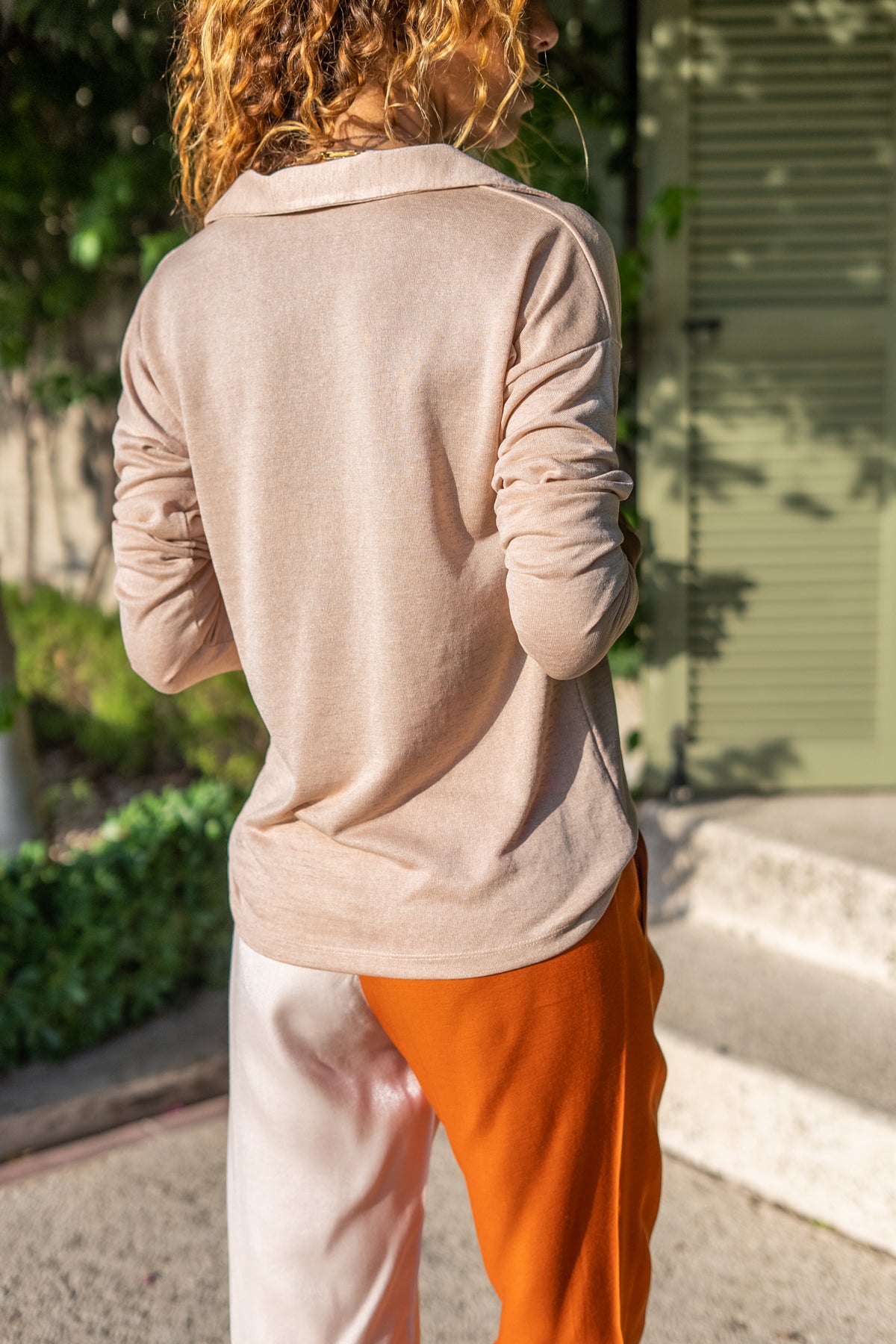 Textured Beige Women's Blouse - Polo Neck, Long Sleeve & Buttonless Details for Chic & Comfort