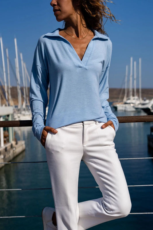 Baby blue women's blouse, polo collar blouse, long-sleeved blouse, textured detail blouse, affordable women's blouse.