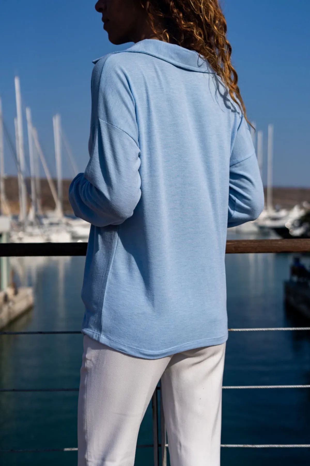 Textured Baby Blue Women's Blouse - Polo Collar, Long Sleeve & Buttonless Details for Comfort (Polyester, Elastane Fabric)