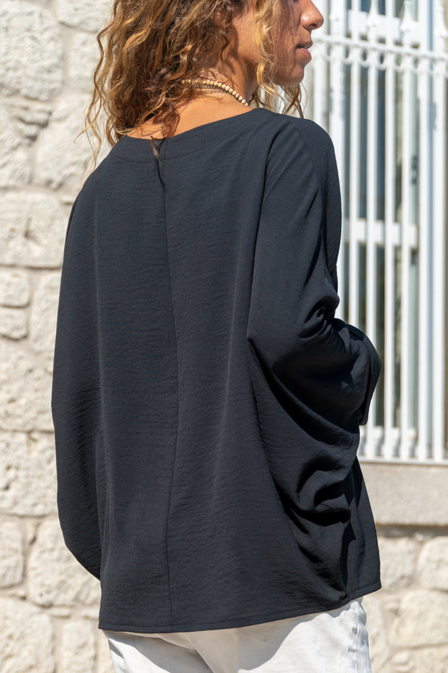 Textured Black Women's Blouse - Wide Round Neck, Long Wide Sleeves & Loose Fit for Chic Comfort (Polyester, Cotton Fabric)