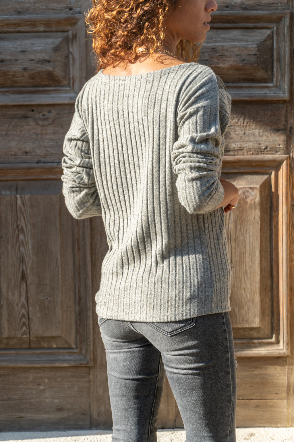 Grey Women's Blouse with Leather Detail - V-Neck, Long Sleeves with Ribbed Fabric for Modern Look ( Cotton, Acrylic Fabric)