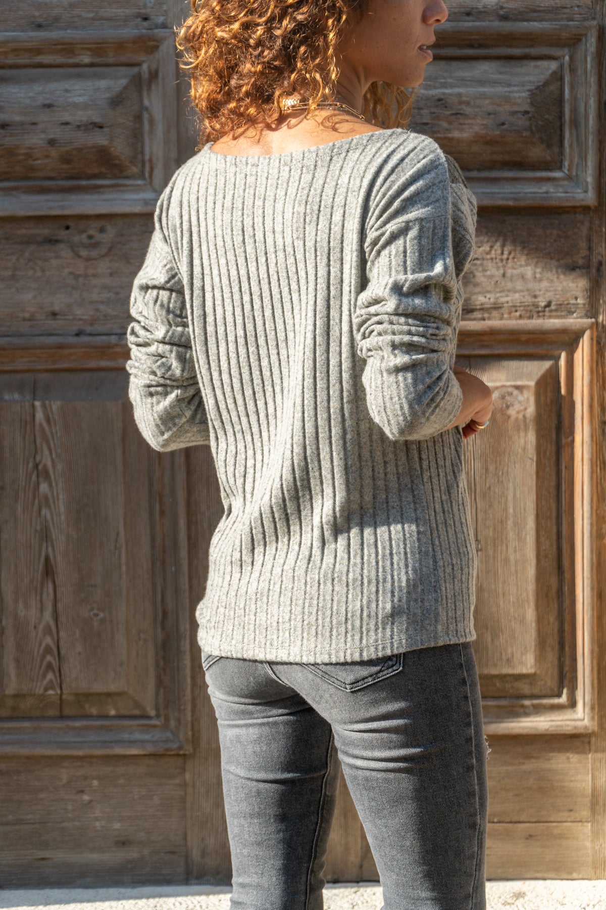 Grey Women's Blouse with Leather Detail - V-Neck, Long Sleeves with Ribbed Fabric for Modern Look ( Cotton, Acrylic Fabric)