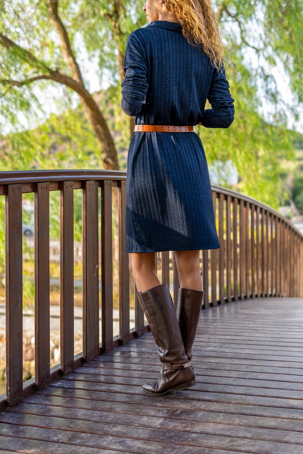 Patterned Navy Women's Dress - Buttonless Polo, Long Sleeves, Loose Fit, Chic & Comfy (50% Cotton, 50% Acrylic)
