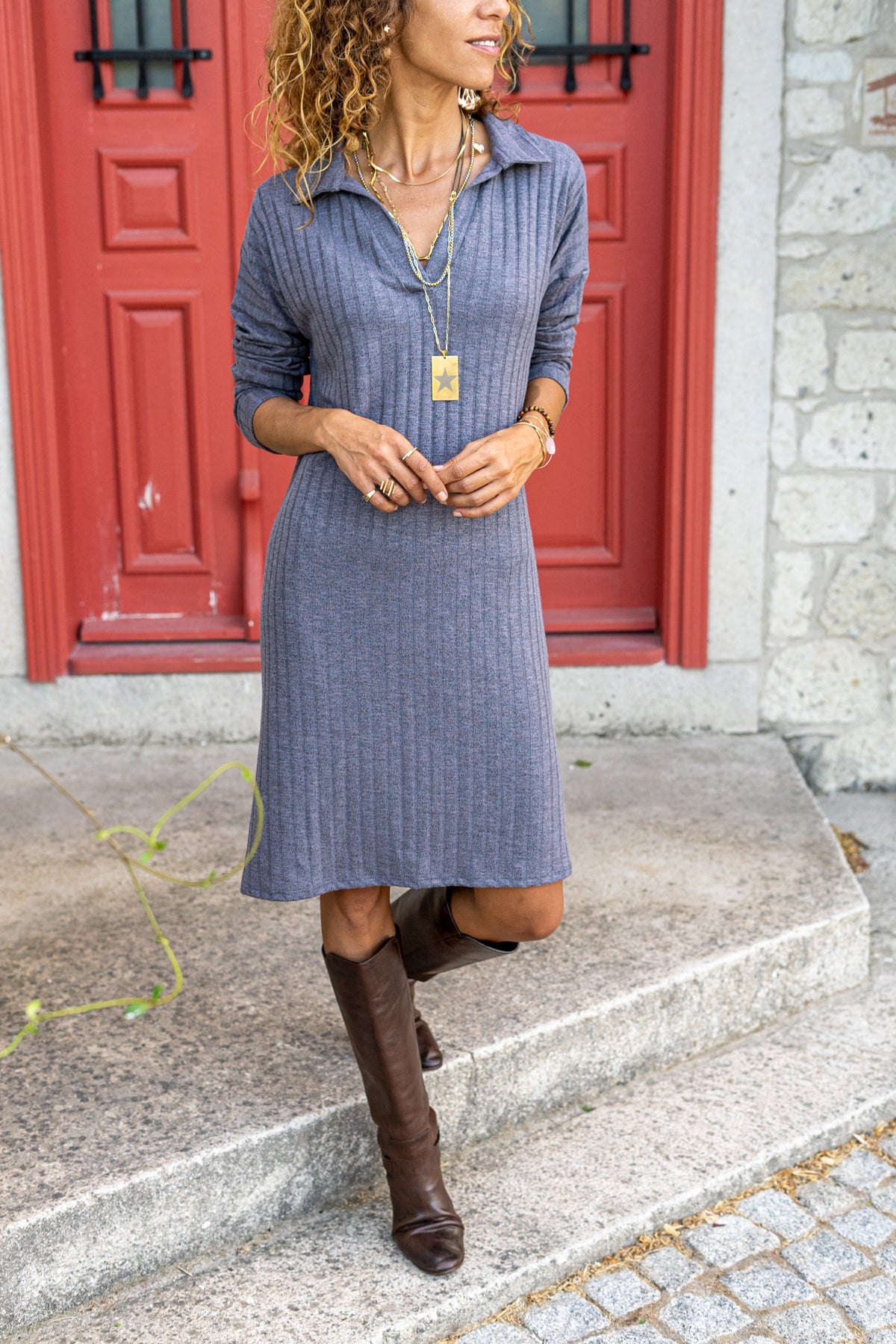Patterned women's dress, new season trends, polo collar dress, long-sleeved dress, dress produced in Turkey.