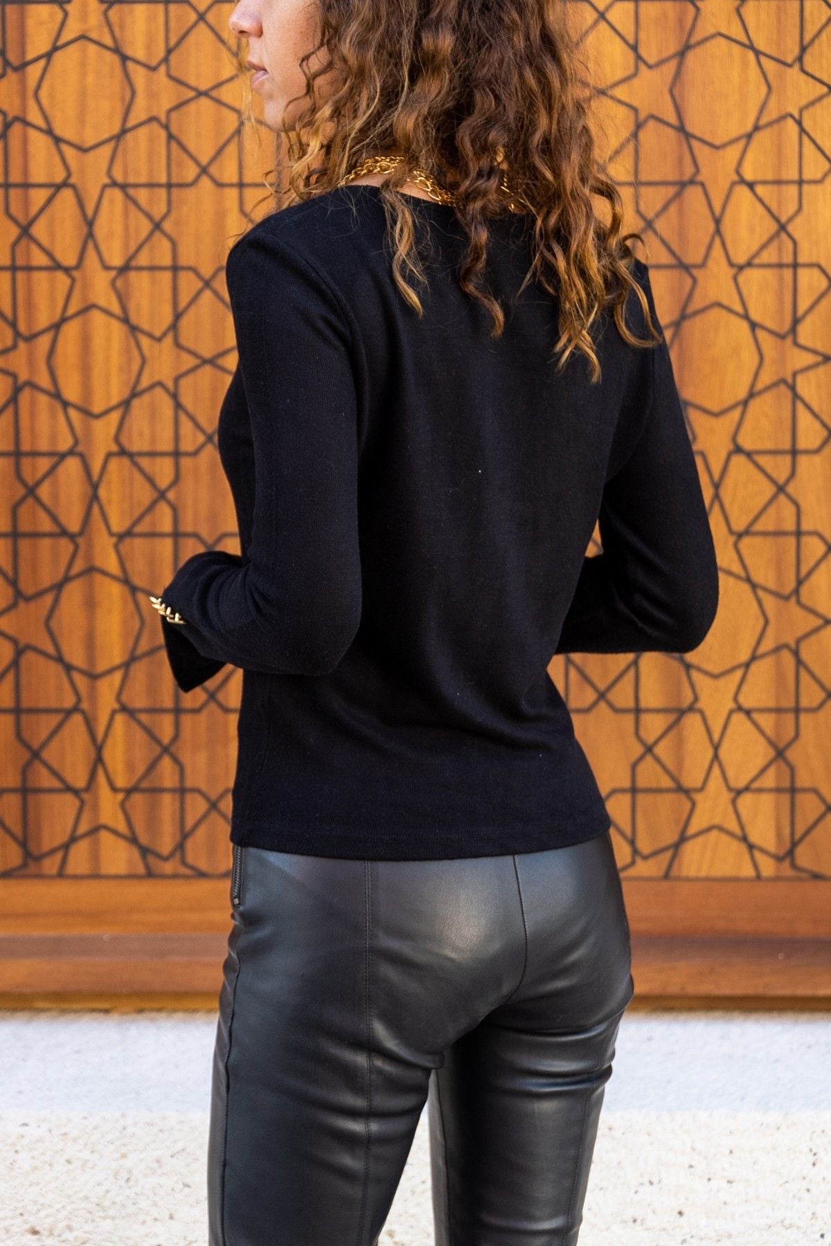 Deep V-Neck Black Women's Cardigan - Long Gold Button Detail on Sleeve and Slit Design on Arms(Cotton, Acrylic Fabric)