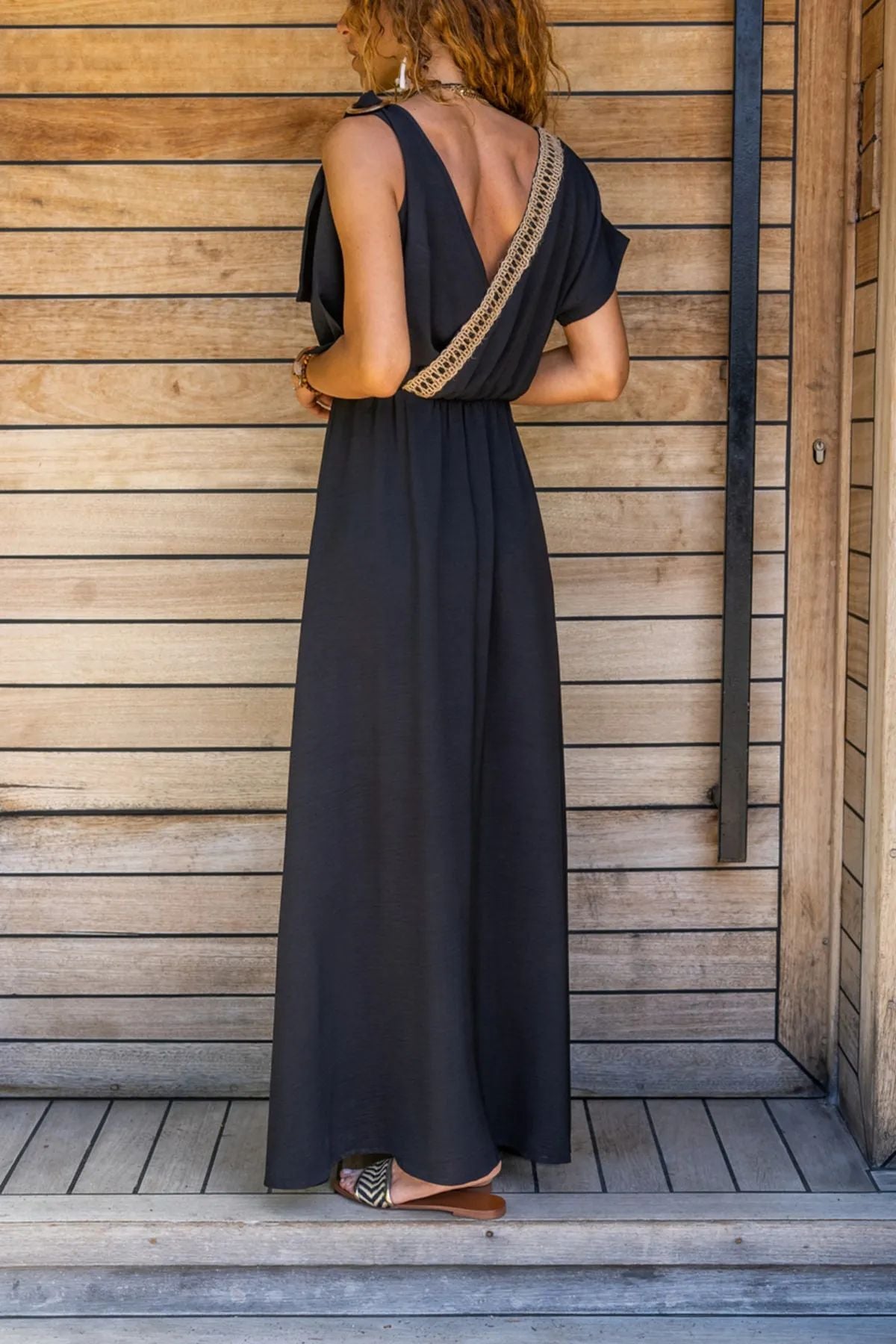 Loose-Fit Black Women's Dress - Sexy Wrap Neckline, Half Sleeves with Long Length and Woven Embroidery for Chic Look