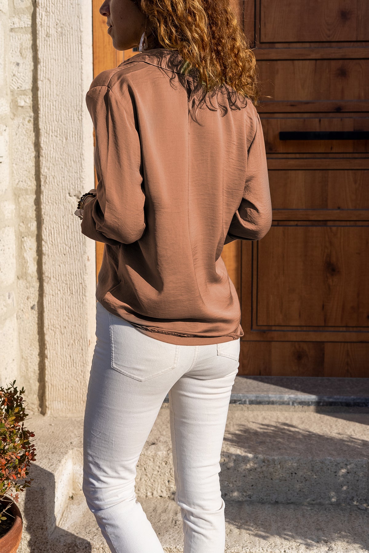 Specially textured fabric, Elegant and Classic Coffee Colored Women's Shirt - Hidden Buttoned Long Sleeve - Polyester Fabric