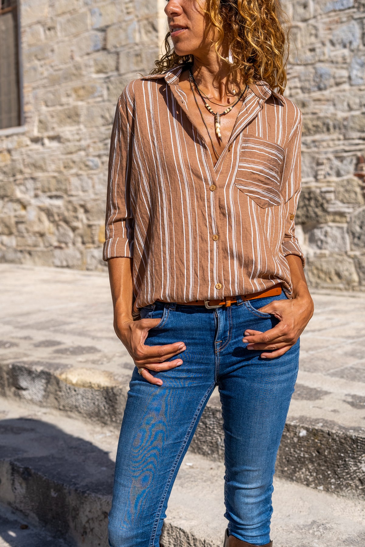 Brown striped women's shirt, Long-sleeved classic collar shirt, Stylish brown women's shirt, Comfortable new season brown shirt, Special fabric brown women's shirt made in Turkey.