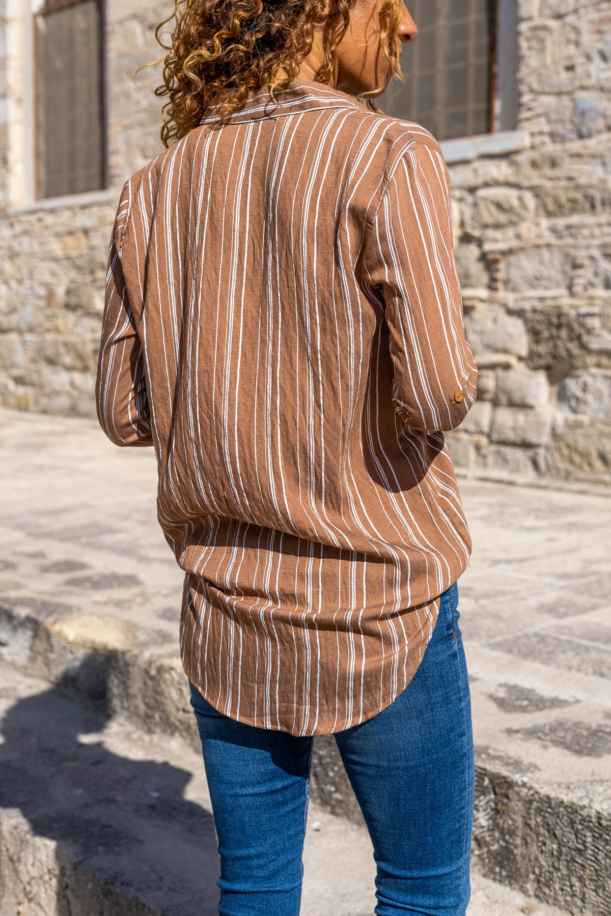 Coffee Striped Classic Collar Women's Shirt - Long Sleeve, Pocket Detail, and Special Fabric Texture, Polyester, Cotton