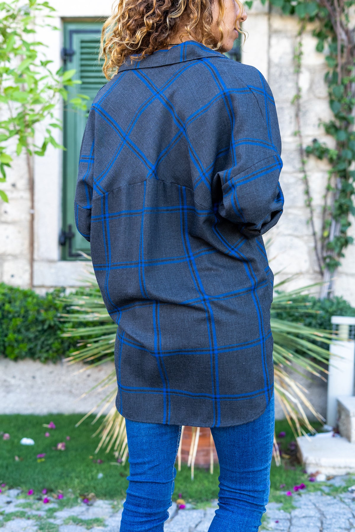 Blue Plaid Patterned Classic Collar Women's Shirt - Long Sleeve, Pocket Detail, Special Fabric Texture, Polyester, Cotton