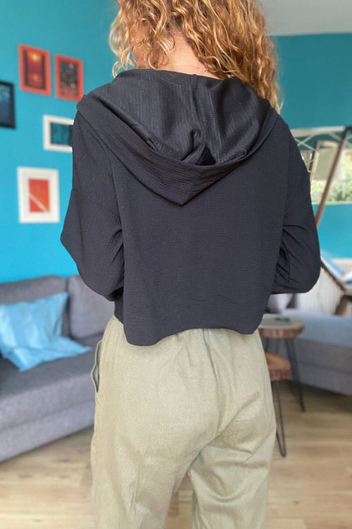 Black Hooded Zippered Women's Blouse - Long Sleeve, with Pocket Detail, with Loose and Cropped Fit