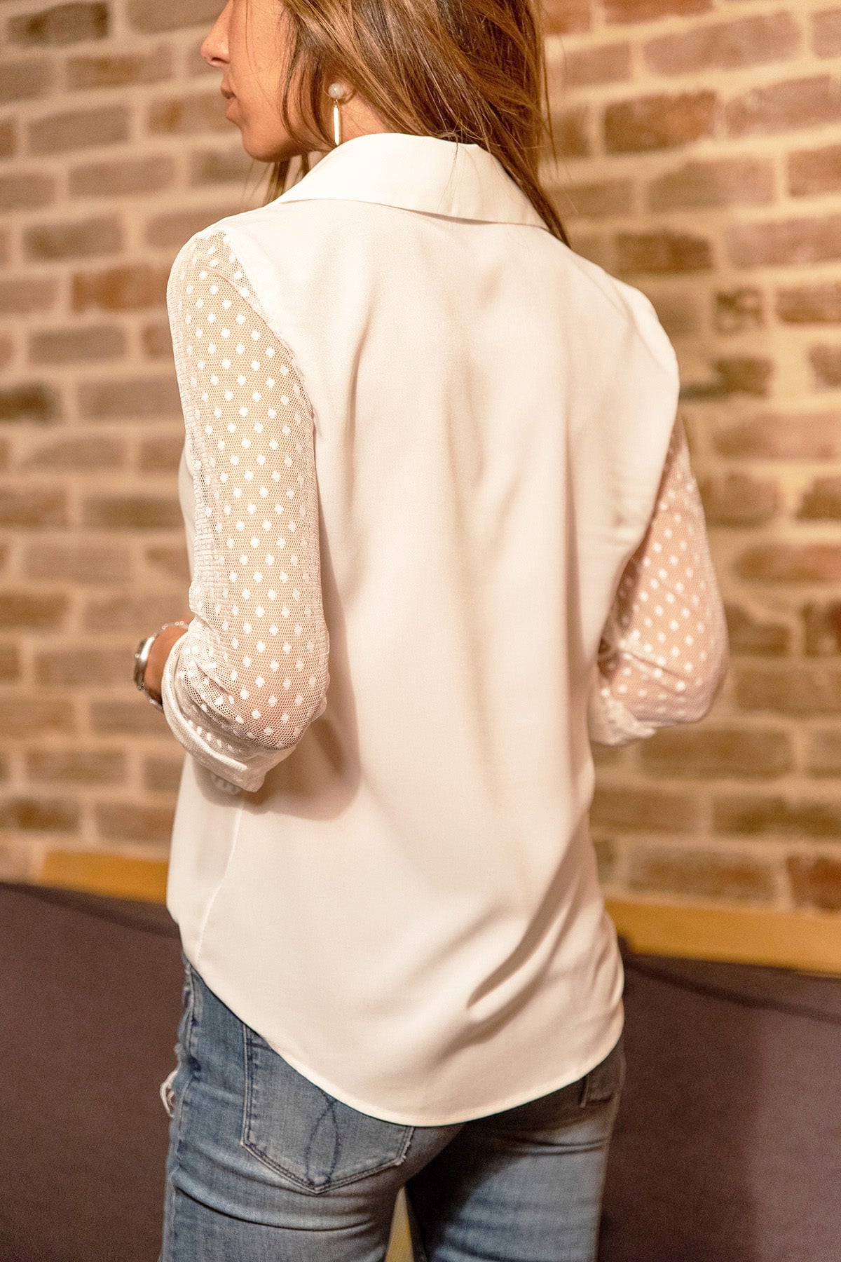 White Polka Dot Classic Shirt - Tulle Detailed Long Sleeve Women's Blouse (100% Polyester)