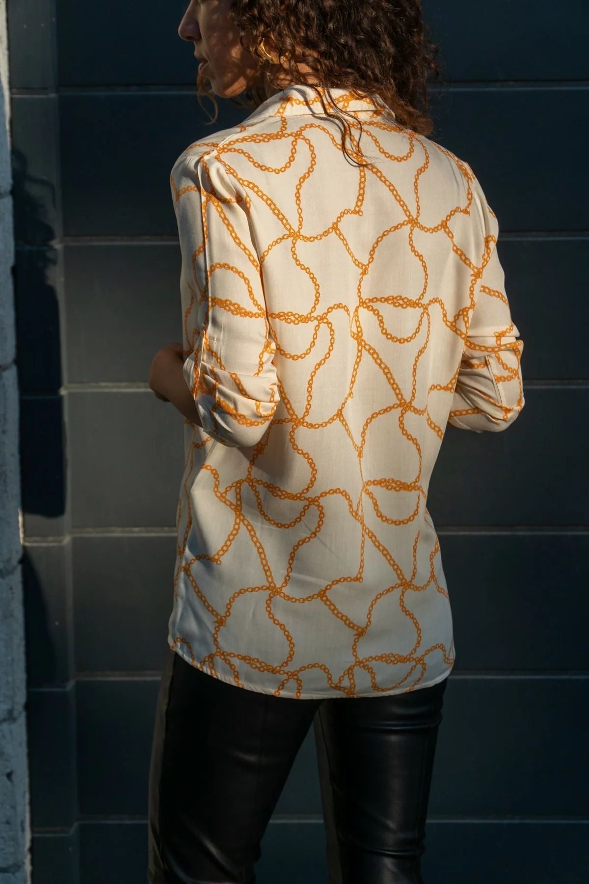 Classic Style Ecru Women's Shirt - Long Folded Sleeves and Printed Details, 100% Viscose Fabric