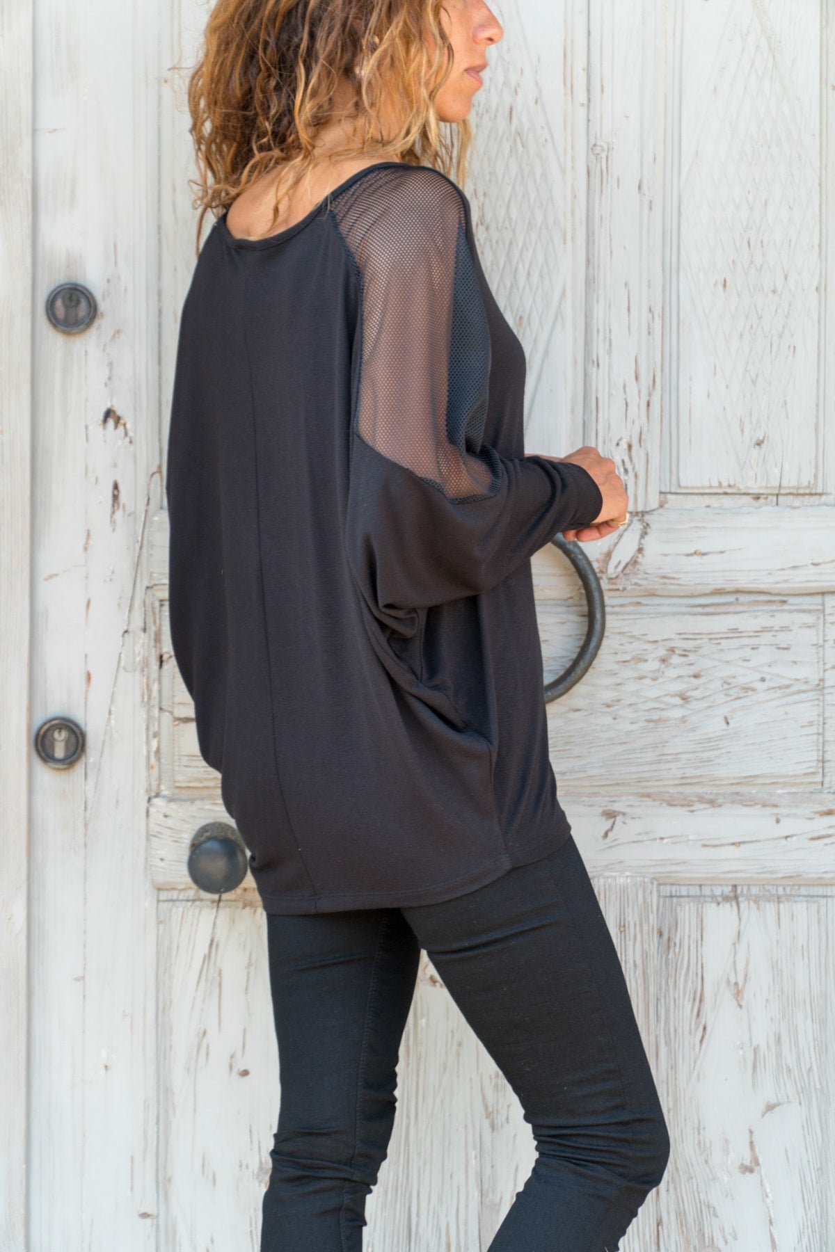Black Women's Blouse - Elegant and Comfortable with Wide Round Neck, Long Sleeves, and Flowy Tulle Sleeve Detail