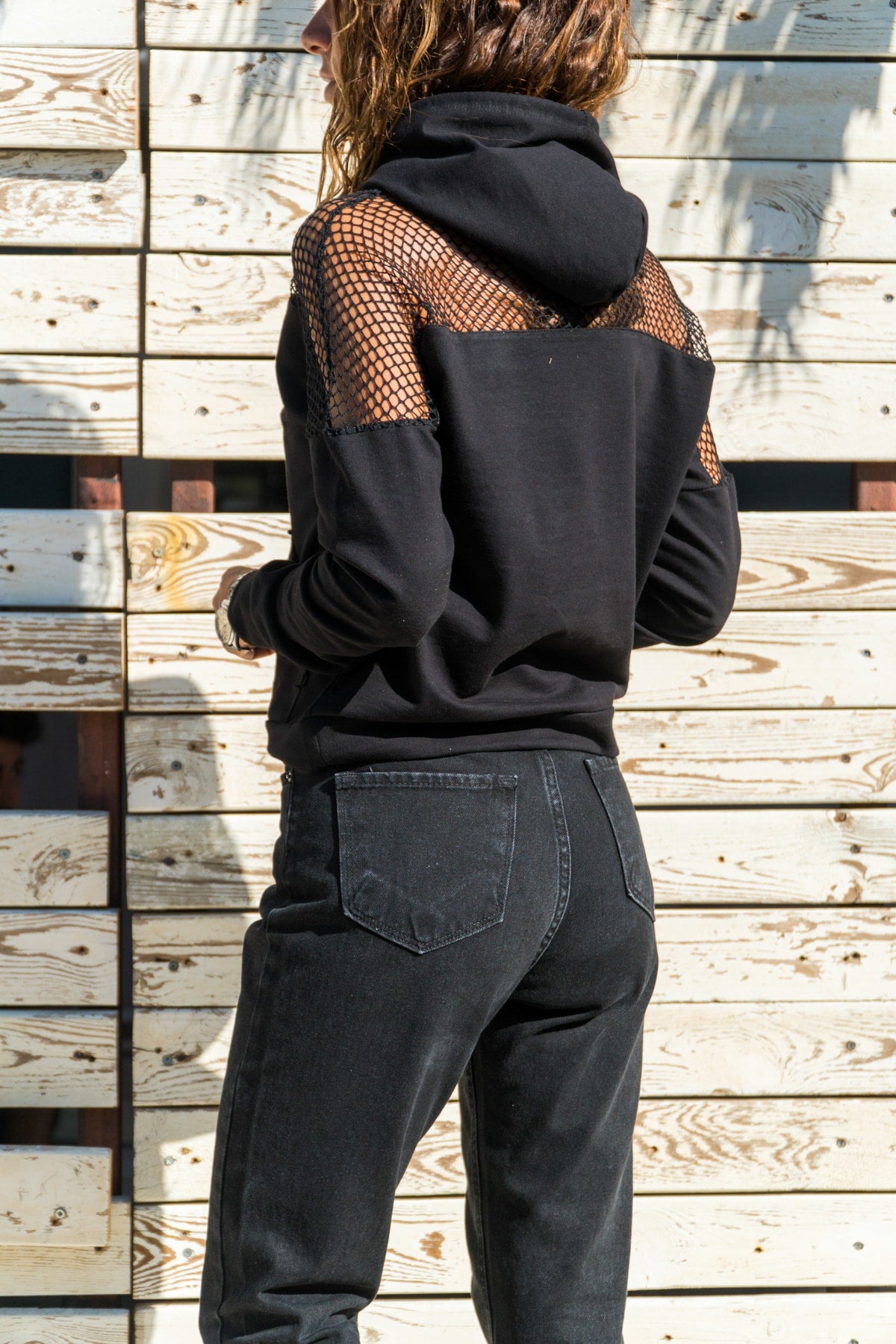 Black Women's Sweatshirt with Shoulder Detail - Hooded Neck, Long Sleeves, and Stylish Solid Design