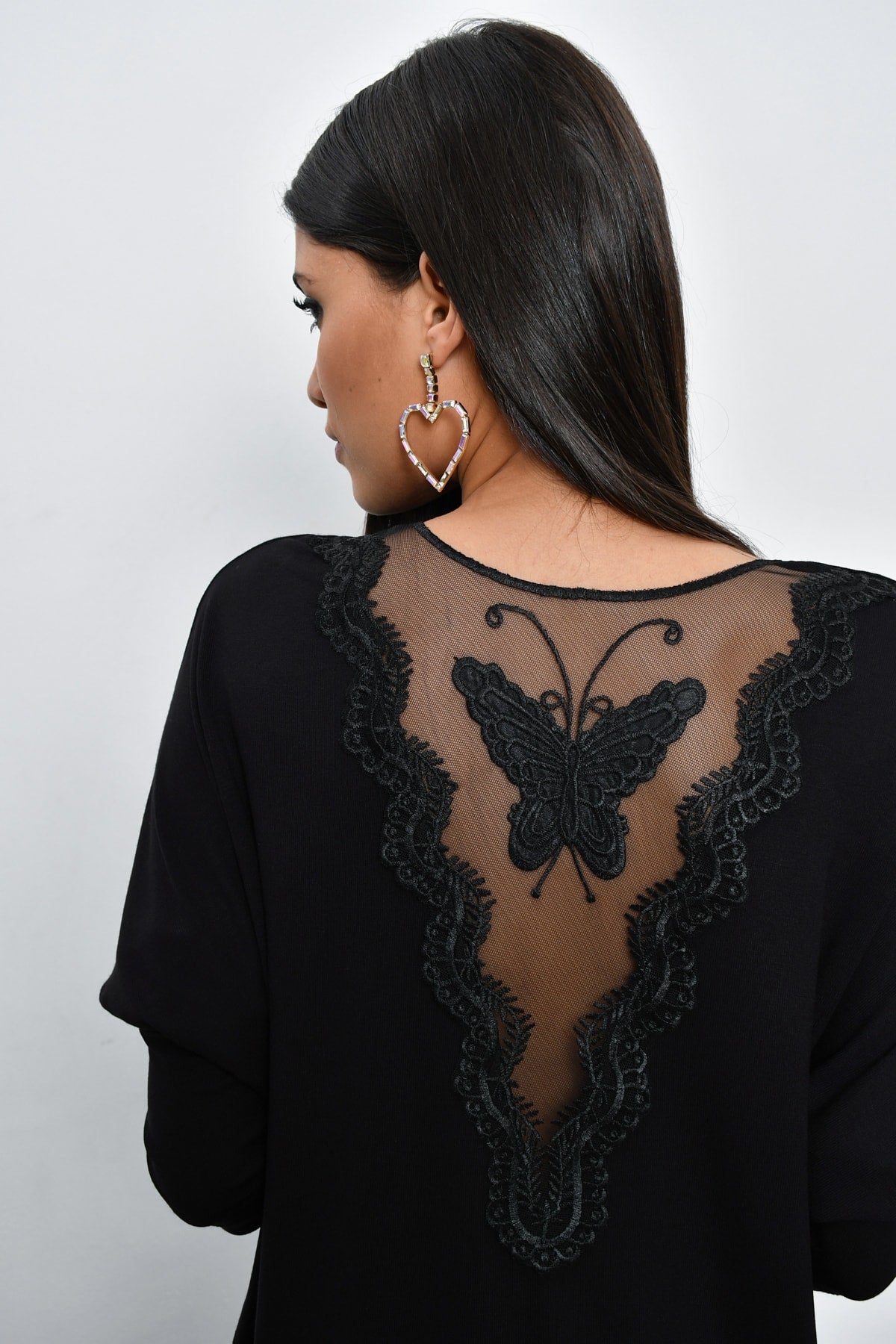 Sheer Black Women's Blouse with Butterfly Embroidery - Sexy V-Neck, Long Sleeves, and Stylish Solid Design
