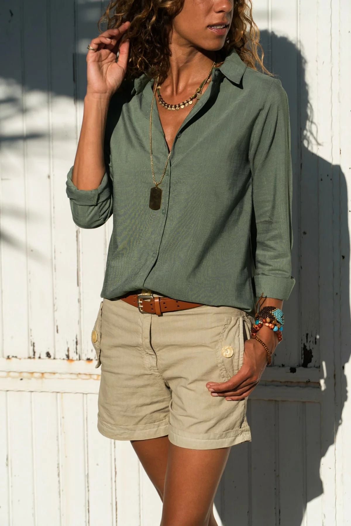 New season women's shirt with textured khaki fabric, Stylish look with classic shirt collar design, Special fit and long-sleeved shirt, Plain-colored design suitable for daily wear, Affordable khaki shirt cotton and polyester fabric