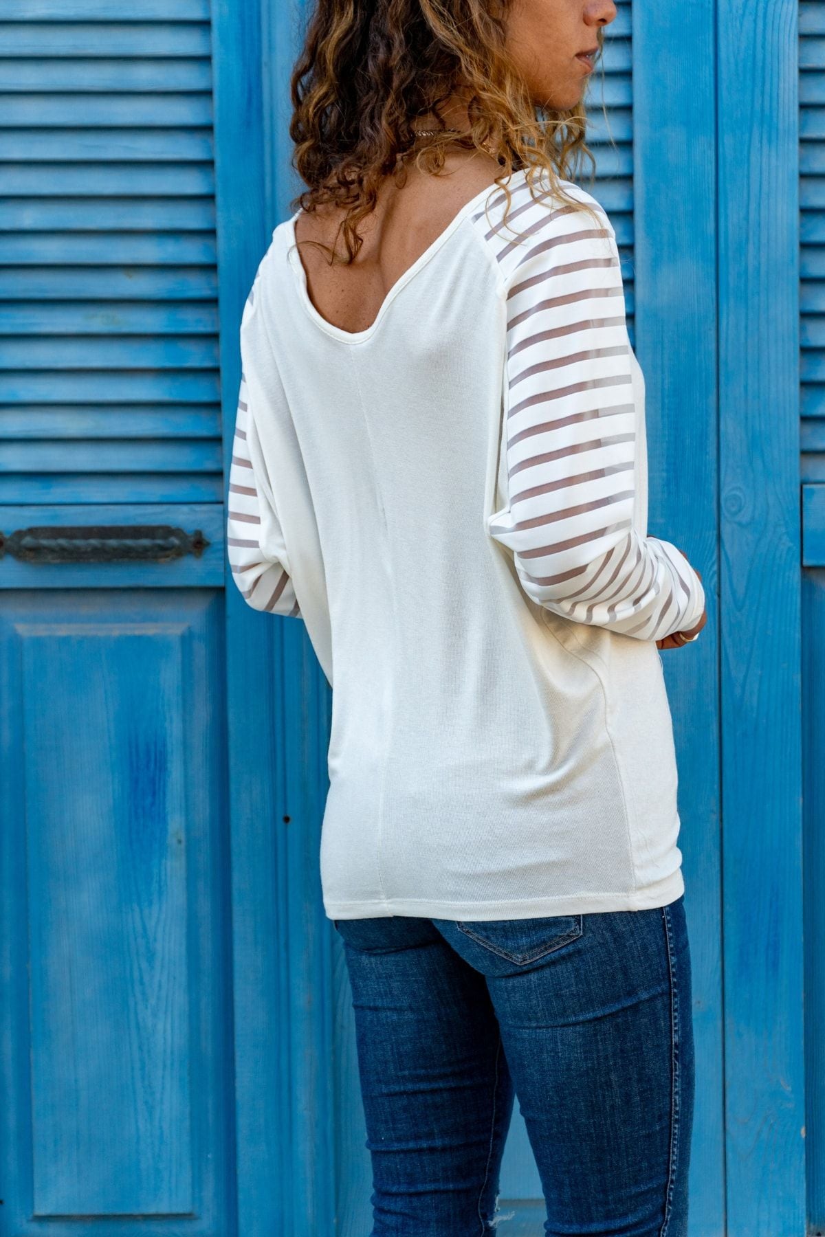White Women's Blouse - Sexy V-Neck, Long Sleeves with Mesh and Ribbon Special Design Detail for Chic and Modern Look