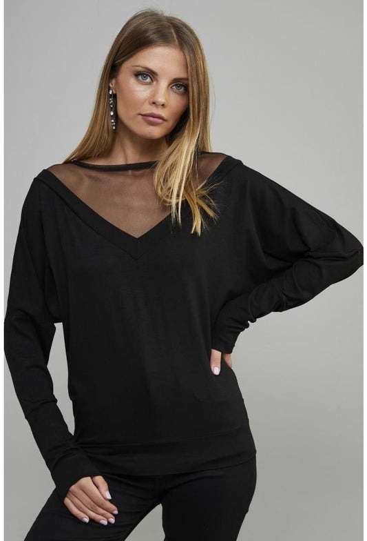 Black women's blouse with round and V-neck details, Stylish look with tulle collar design, Blouse front and back V-shaped tulle details, Long-sleeved and plain-colored design, Affordable black blouse made of 95% polyester and 5% elastane fabric
