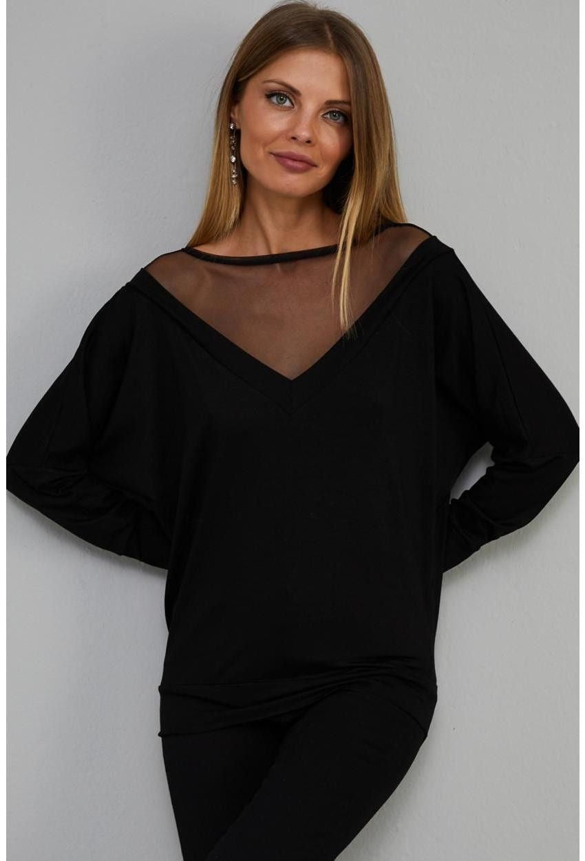 Sheer Neck Detail Black Women's Blouse - Round Sheer Neckline, Long Sleeves with V-Shape Front and Back Sheer Neckline