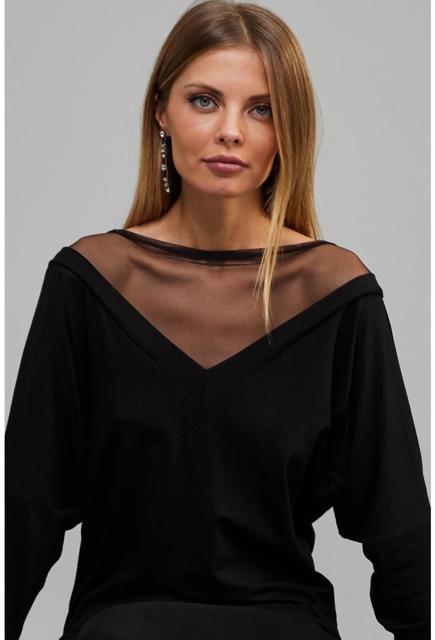 Sheer Neck Detail Black Women's Blouse - Round Sheer Neckline, Long Sleeves with V-Shape Front and Back Sheer Neckline