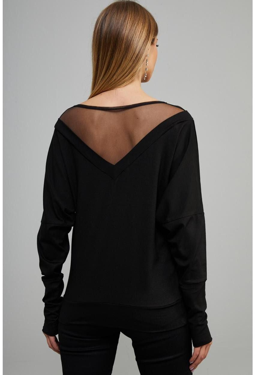 Sheer Neck Detail Black Women's Blouse - Round Sheer Neckline, Long Sleeves with V-Shape Front and Back Sheer Neckline