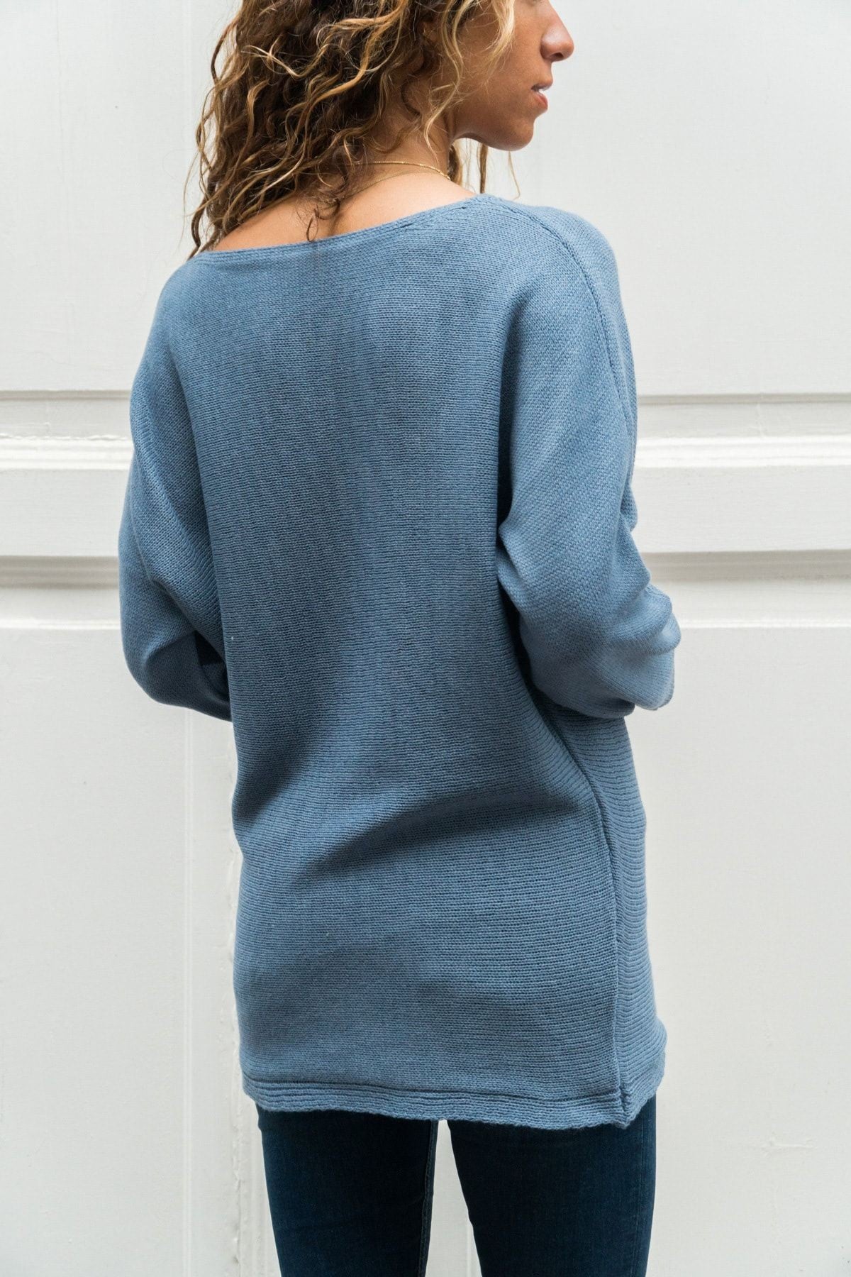 Blue Women's Geometric Pattern Knit Sweater - Wide Round Neck, Long Sleeves with Special Design in Matching Colors (Acrylic)
