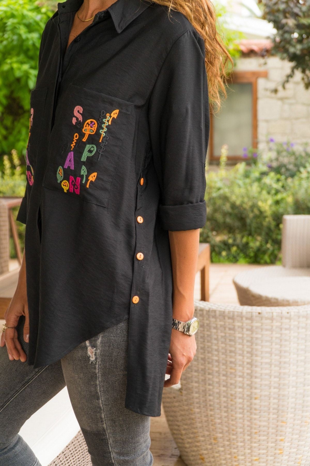 Black Long Women's Shirt - Classic Collar, Long Sleeve, with Embroidery Details on Front Pockets, Cotton, Polyester Fabric