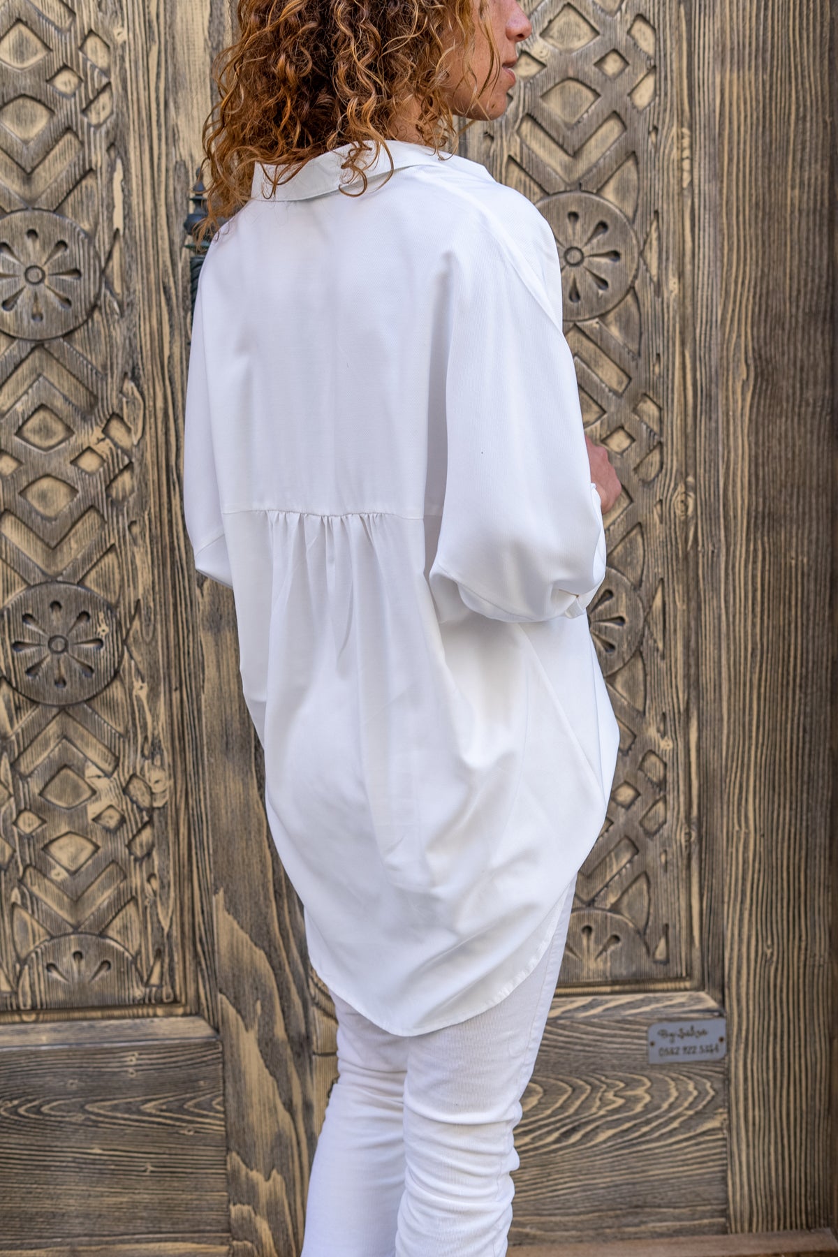 Ecru Women's Shirt with Special Textured Fabric - Classic Collar, Long Sleeve, and Loose Fit, Cotton, Polyester Fabric