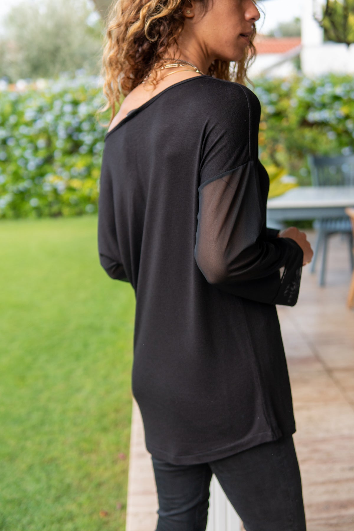 Black Women's Blouse with Sexy Neckline and Sheer Sleeves - Wide Round Neck, Long Sleeves with Special Design Detail